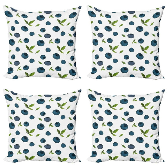 Ambesonne Fruit Throw Pillow Cover 4 Pack, Blueberry Drawing Leaves Art, 18", Petrol Blue White Green