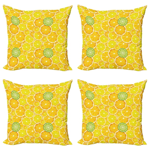 Ambesonne Fruit Throw Pillow Cover 4 Pack, Lemon Orange Circles, 24", Yellow White and Green