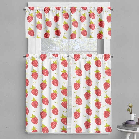Ambesonne Fruit Valance & Curtain, Summer Coral Strawberries, 55"x30", Yellow Green Coral and White