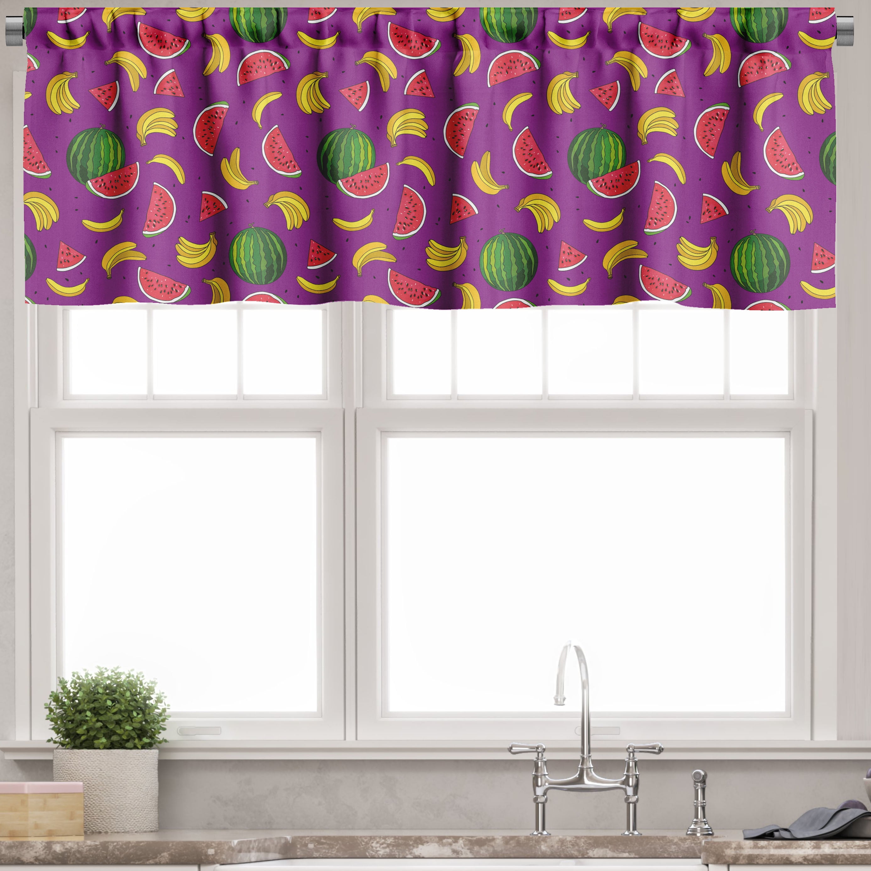 Purple Multicolor Satin Fruit Print Rod Pocket Valance 54" x 12"