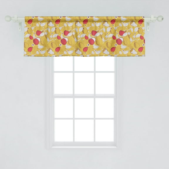 Ambesonne Fruit Window Valance, Pattern with Leaves Figs and Flowers, Curtain Valance for Kitchen Bedroom Decor with Rod Pocket, 54" X 18", Dark Coral Earth Yellow