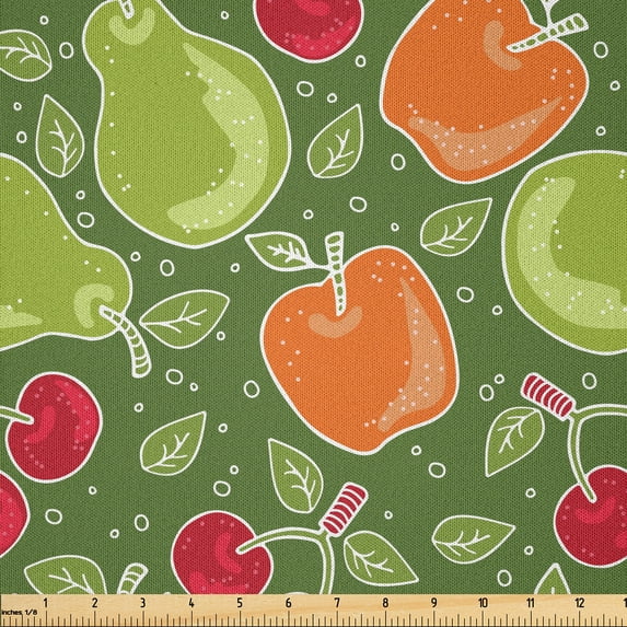 Ambesonne Fruits Art Fabric by the Yard Microfiber, Apples Pears Cherries, 3 Yards, Dark Peach and Olive Green