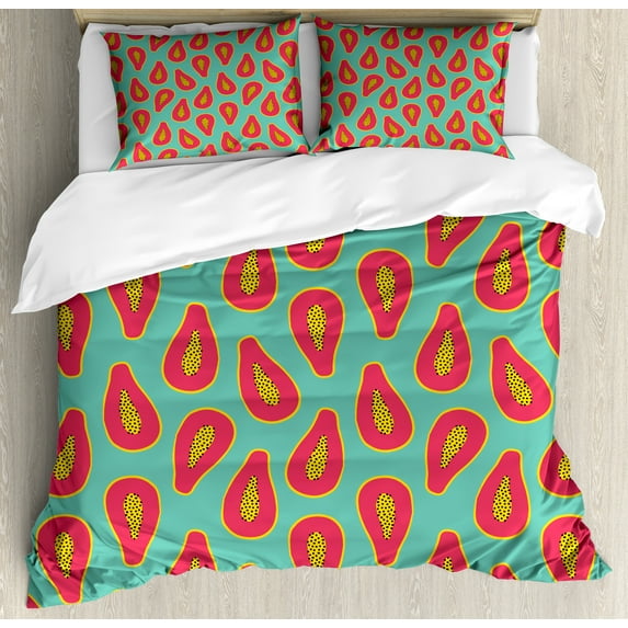 Ambesonne Fruits Duvet Cover Set, Tropical Papaya Slices Art, 2-Calking, Dark Coral and Seafoam