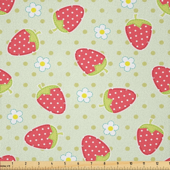 Ambesonne Fruits Fabric by the Yard Microfiber, Spring Blossoms Cartoon, 1 Yard, Pale Green Red