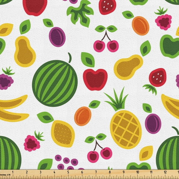 Ambesonne Fruits Fabric by the Yard Upholstery, Apple Pear Pineapple Art, 5 Yards, Ruby Olive Green Plum