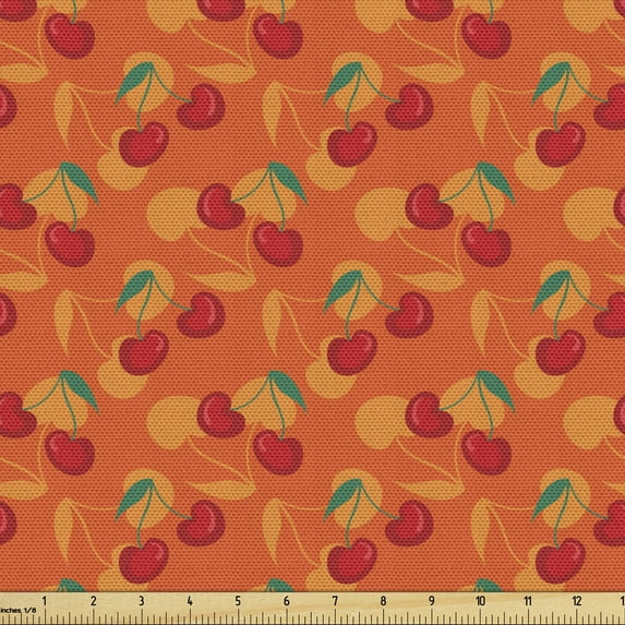 Ambesonne Fruits Fabric by the Yard Upholstery, Cherry Branches Orange Motif, 1 Yard, Burnt Orange and Multicolor