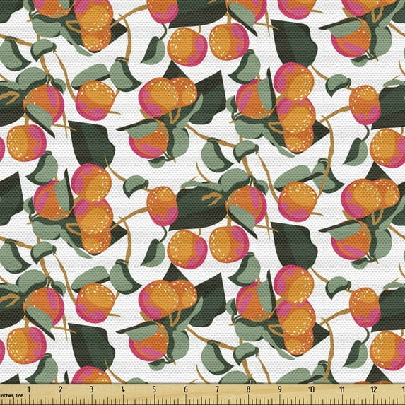 Ambesonne Fruits Fabric by the Yard Upholstery, Citrus Mandarin with Leaves, 5 Yards, Multicolor