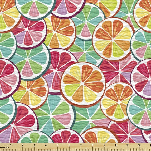 Ambesonne Fruits Fabric by the Yard Upholstery, Colorful Citrus Fruit Slices, 1 Yard, Multicolor