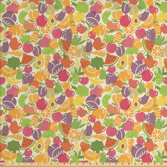 Ambesonne Fruits Fabric by the Yard Upholstery, Colorful Summer Eats, 5 Yards, Multicolor