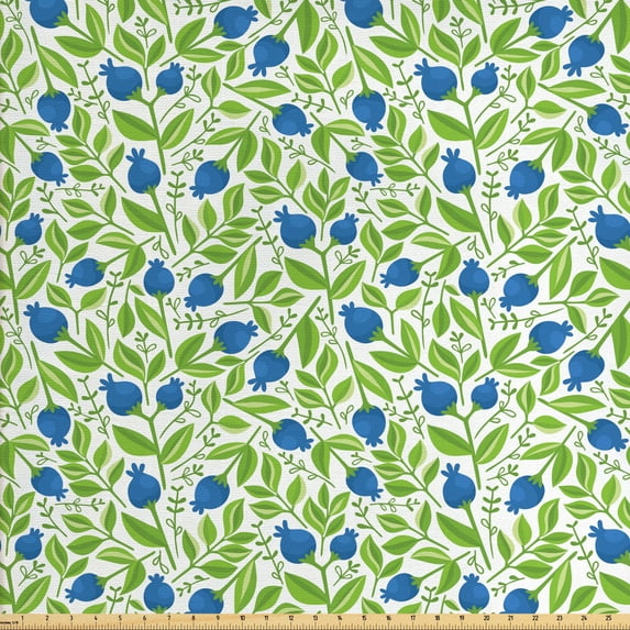 Ambesonne Fruits Fabric by the Yard Upholstery, Flowering Blueberry Leaf, 10 Yards, Violet Blue Lime Green