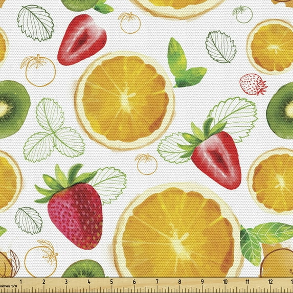 Ambesonne Fruits Fabric by the Yard Upholstery, Fresh Citrus Kiwi Lemon, 1 Yard, Earth Yellow Lime Green