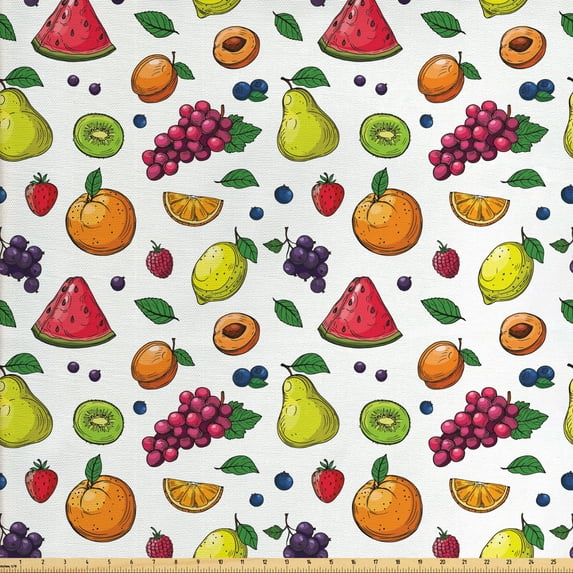 Ambesonne Fruits Fabric by the Yard Upholstery, Grapes Kiwi Orange Lemon, 2 Yards, White Multicolor