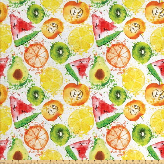 Ambesonne Fruits Fabric by the Yard Upholstery, Paintbrush Plants, 3 Yards, Yellow Orange Fern Green