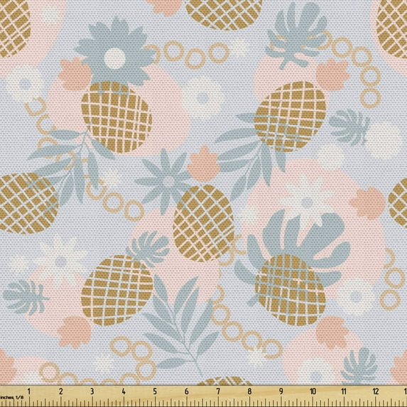 Ambesonne Fruits Fabric by the Yard Upholstery, Pastel Tone Summer Pineapple, 1 Yard, Camel Rose and Blue Grey