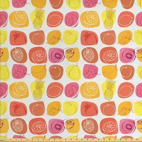 Ambesonne Fruits Fabric by the Yard Upholstery, Retro Food Caricatures, 2 Yards, Multicolor