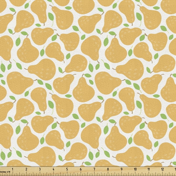 Ambesonne Fruits Fabric by the Yard Upholstery, Soft Pattern of Summer Pears, 2 Yards, Pale Orange and Lime Green