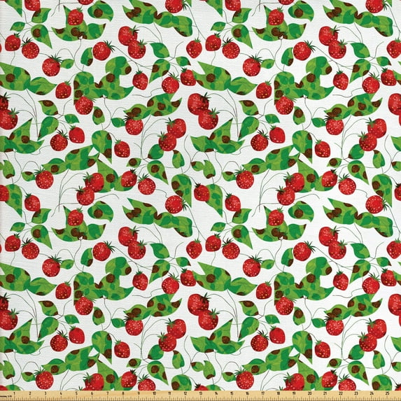 Ambesonne Fruits Fabric by the Yard Upholstery, Summer Vibes Joyful, 3 Yards, Red Fern Green White