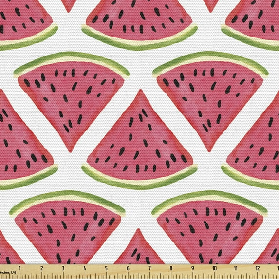 Ambesonne Fruits Fabric by the Yard Upholstery, Watermelon Illustration Art, 1 Yard, Dark Coral and Fern Green