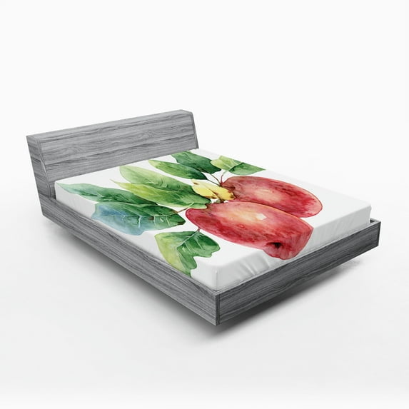 Ambesonne Fruits Fitted Sheet 2 Pcs Set, Green Leaves and, King, Dark Coral Green White