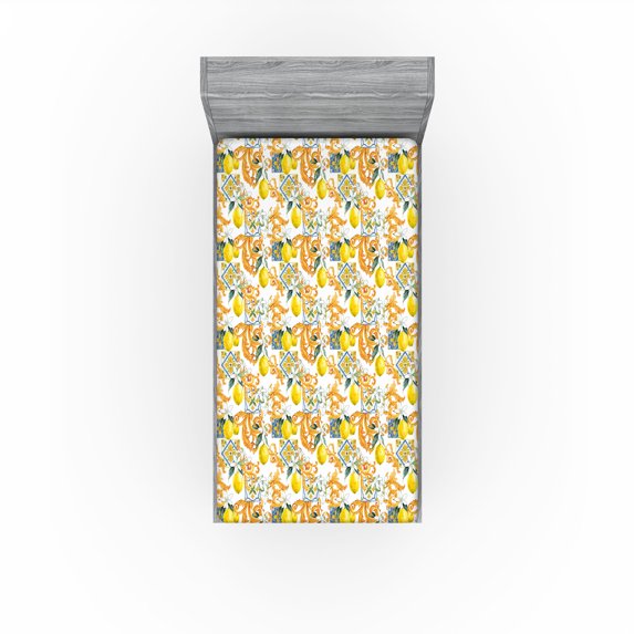 Ambesonne Fruits Fitted Sheet, Nature Lemon Illustration, Twin XL Size, Pastel Yellow Marigold