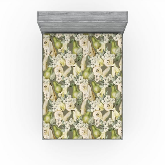 Ambesonne Fruits Fitted Sheet, Nature Pear Illustrations, Queen Size, Apple Green Champagne