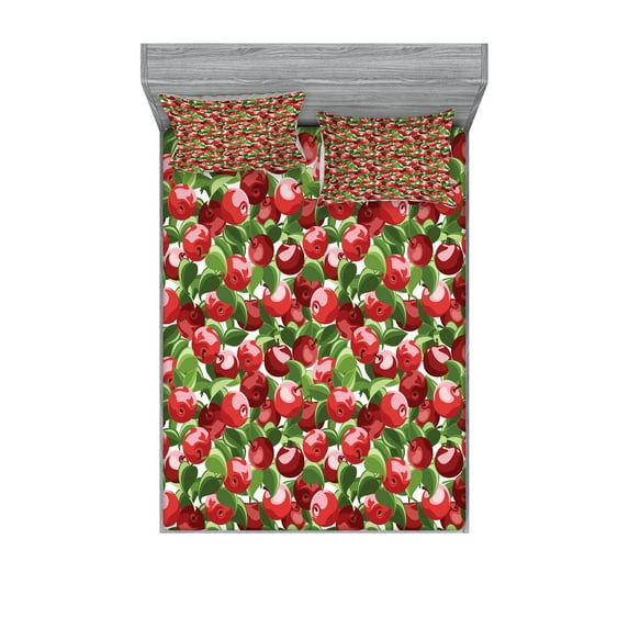Ambesonne Fruits Fitted Sheet & Pillow Sham Set, Organic Garden Harvest, Calking, White Green and Red