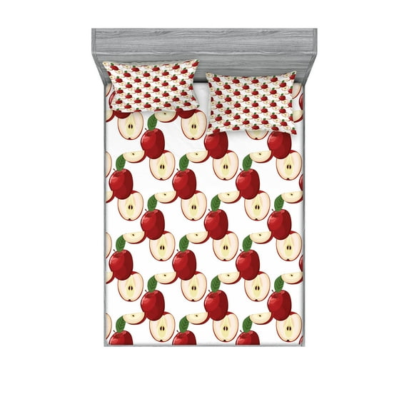 Ambesonne Fruits Fitted Sheet & Pillow Sham Set, Vintage Harvest Yield, King, Ruby Fern Green Cream