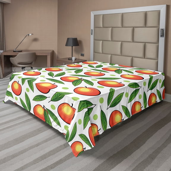 Ambesonne Fruits Flat Sheet, Peaches with Leaves and Dots, Full Size, White Vermilion and Fern Green