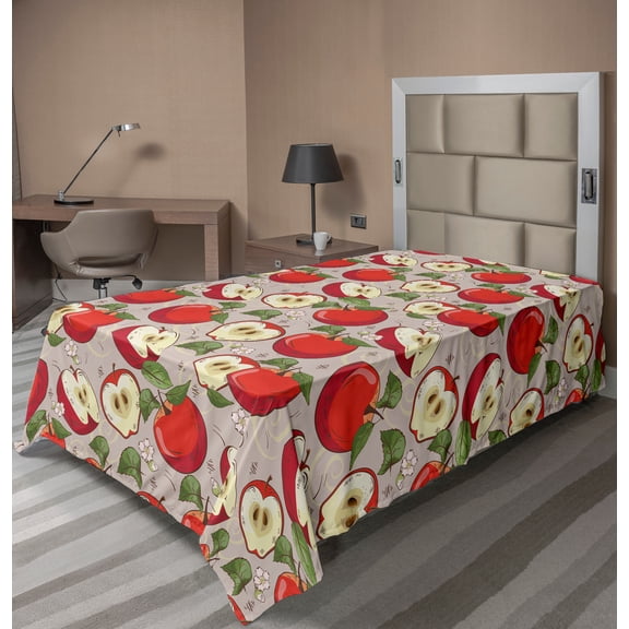 Ambesonne Fruits Flat Sheet, Spring Apple Slices Pattern, TwinXL Size, Green Dust Vermilion