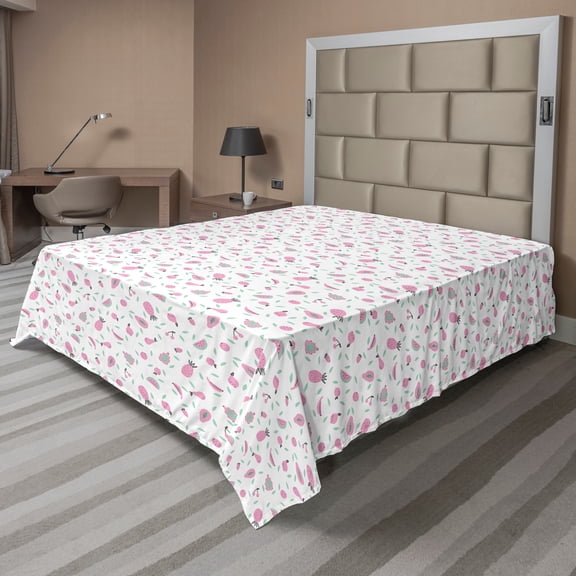 Ambesonne Fruits Flat Sheet, Tropical Pineapples Cherries, Queen Size, Pale Pink Mint Green