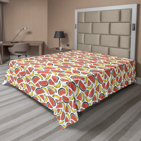Ambesonne Fruits Flat Sheet, Watermelon Slices Bananas, Queen Size, Coral White Yellow
