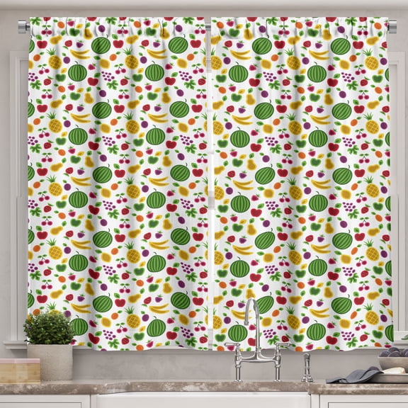 Ambesonne Fruits Kitchen Curtains, Apple Pear Pineapple Art, 55"x30", Ruby Olive Green Plum