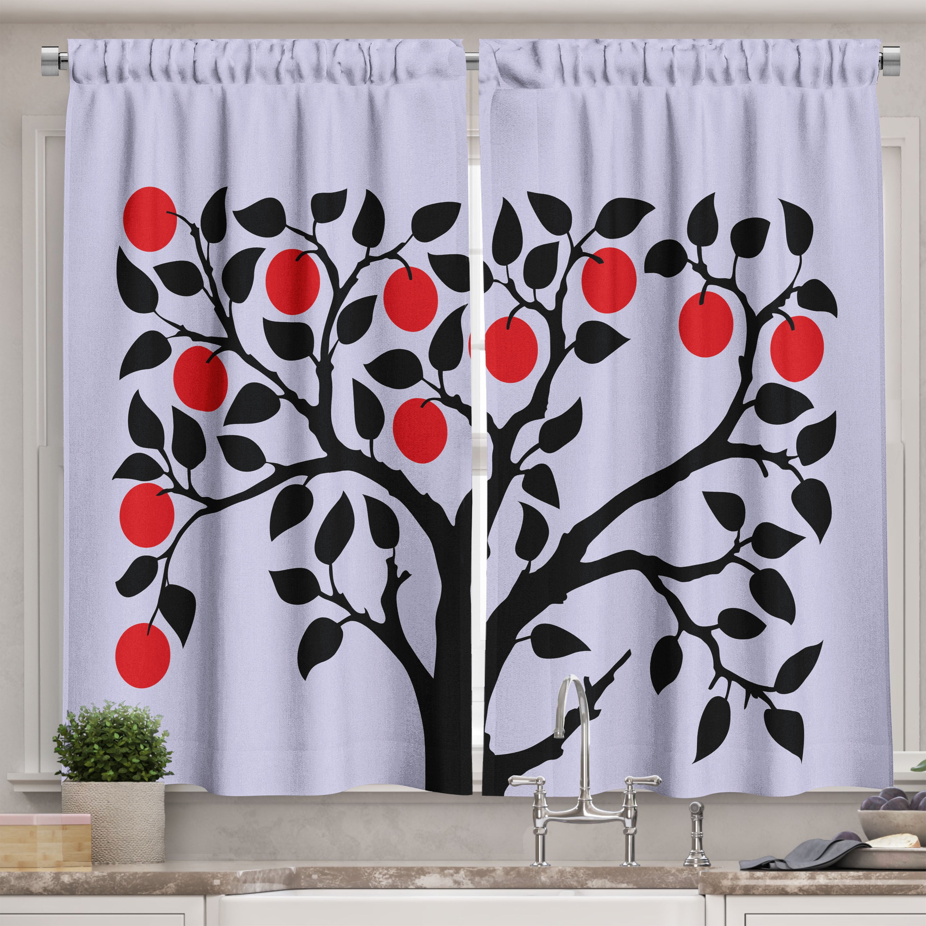 Ambesonne Fruits Kitchen Curtains, Black Tree Ripe Fruit Art, 55"x45