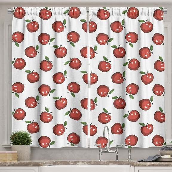 Ambesonne Fruits Kitchen Curtains, Cartoon Apple Fruit Pattern, 55"x39", Dark Coral White Green
