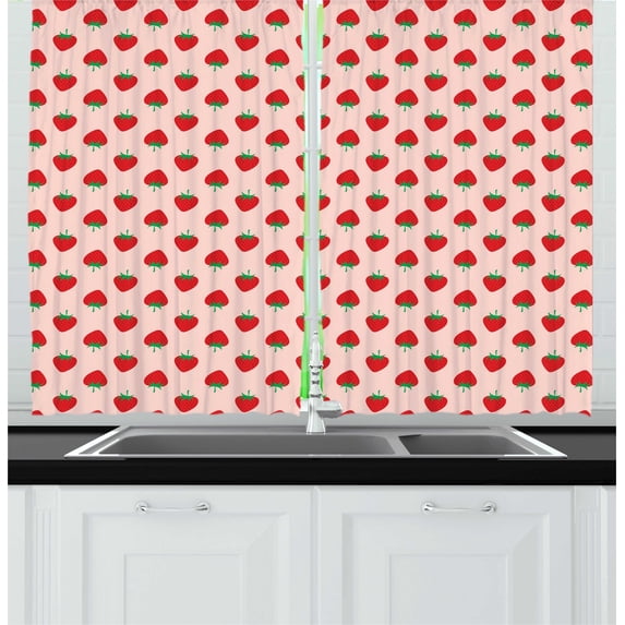 Ambesonne Fruits Kitchen Curtains, Cartoon Strawberry Food Art, 55"x45", Rose Vermilion Green