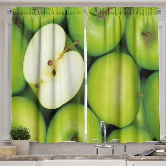 Ambesonne Fruits Kitchen Curtains, Closeup Photo Green Apples, 55"x39", Apple Green and Cream