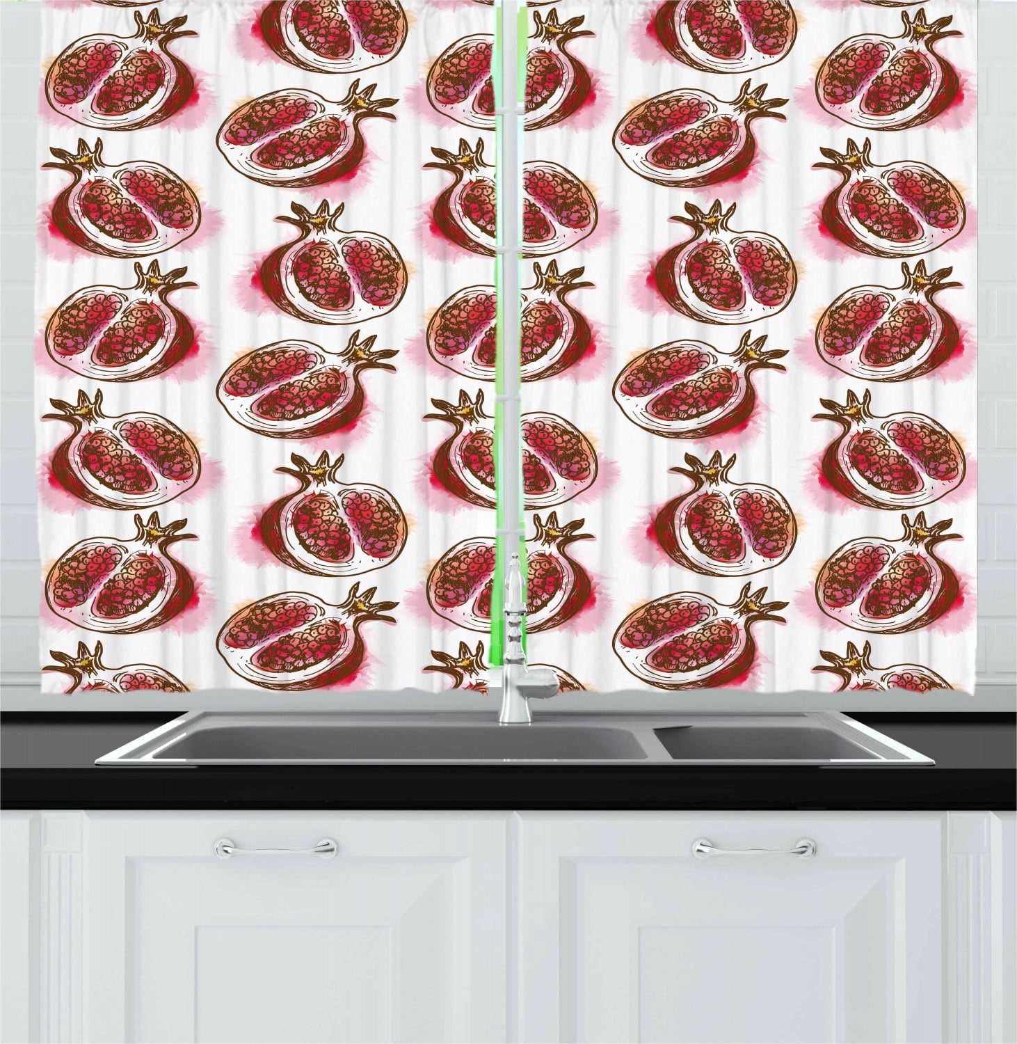 Ruby Red Floral Polyester Kitchen Curtain Pair
