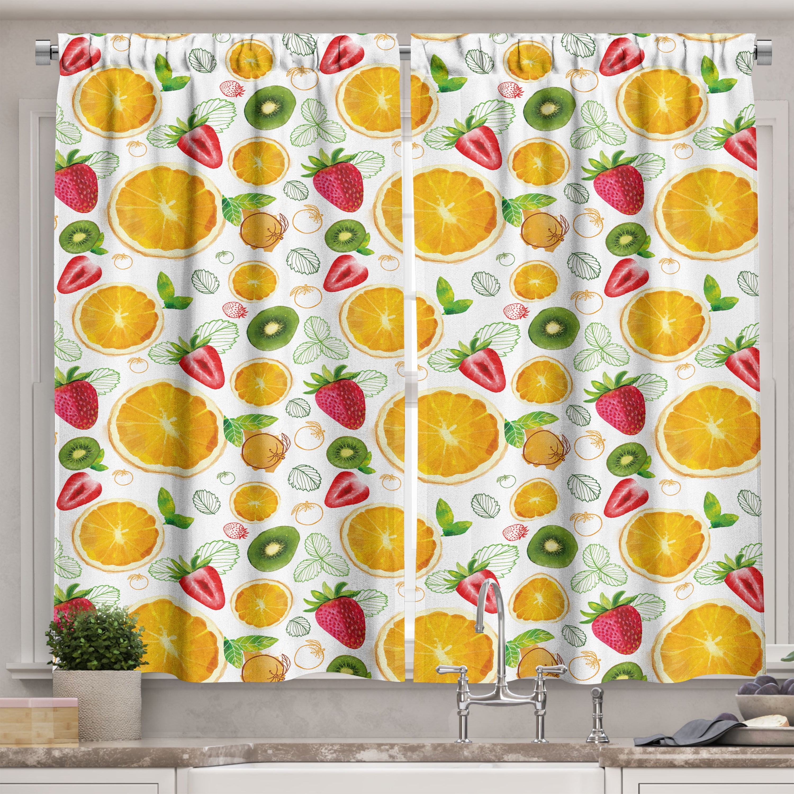 Ambesonne Fruits Kitchen Curtains, Fresh Citrus Kiwi Lemon, 55"x39