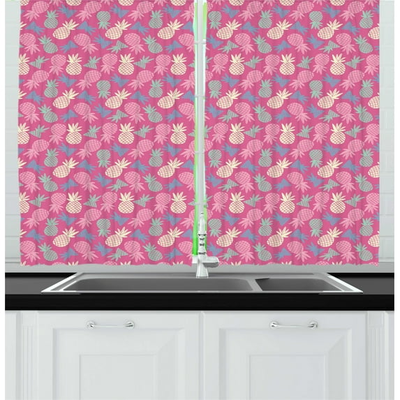 Ambesonne Fruits Kitchen Curtains, Hipster Exotic Pineapples, 55"x45", Pink Pale Blue Ivory