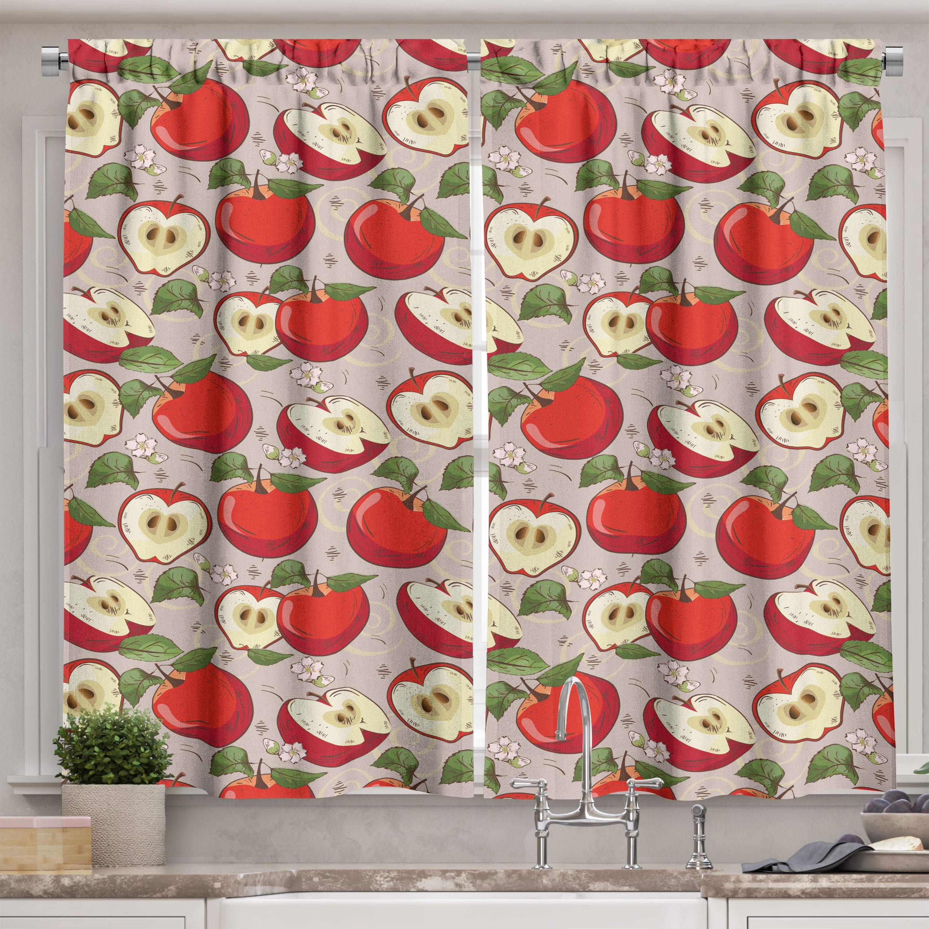 Ambesonne Fruits Kitchen Curtains, Spring Apple Slices Pattern, 55"x45