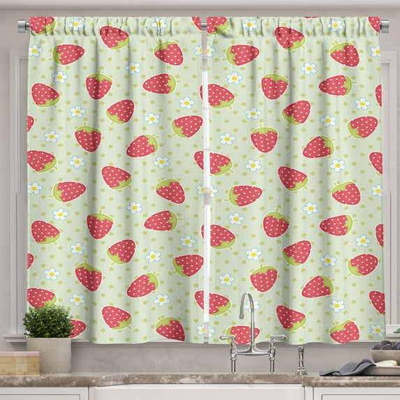 Ambesonne Fruits Kitchen Curtains, Spring Blossoms Cartoon, 55"x39", Pale Green Red