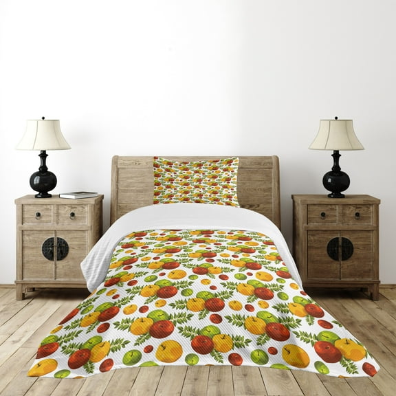 Ambesonne Fruits Quilted Bedspread Set 2 Pcs, Autumn Harvest Season Theme, Twin Size, Burnt Sienna and Yellow