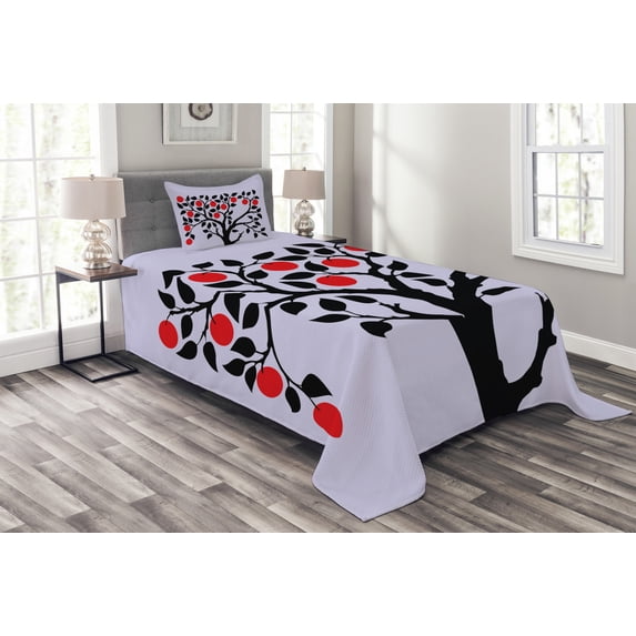 Ambesonne Fruits Quilted Bedspread Set 2 Pcs, Black Tree Ripe Fruit Art, Twin Size, Lilac Black Red