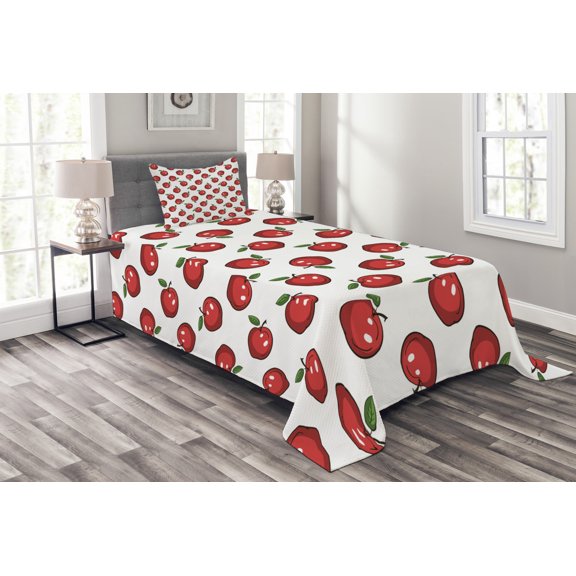 Ambesonne Fruits Quilted Bedspread Set 2 Pcs, Cartoon Apple Fruit Pattern, Twin Size, Dark Coral White Green