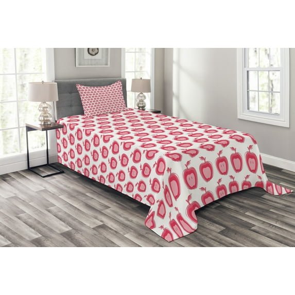 Ambesonne Fruits Quilted Bedspread Set 2 Pcs, Doodle Pink Girls Pattern, Twin Size, Dark Coral Pale Pink
