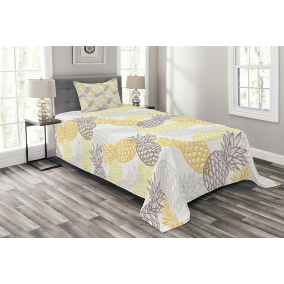 Ambesonne Fruits Quilted Bedspread Set 2 Pcs, Exotic Pineapple Tropics, Twin Size, Marigold Dimgray
