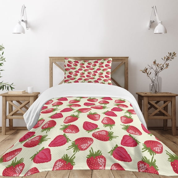Ambesonne Fruits Quilted Bedspread Set 2 Pcs, Strawberry Illustration Art, Twin Size, Olive Green Eggshell Red