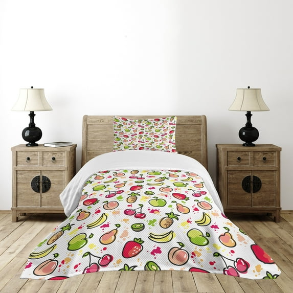 Ambesonne Fruits Quilted Bedspread Set 2 Pcs, Watercolor Pear, Twin Size, Peach Lime Green Red