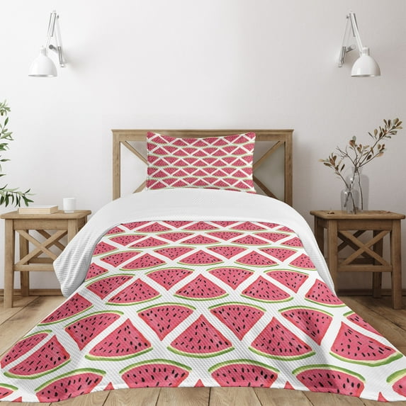 Ambesonne Fruits Quilted Bedspread Set 2 Pcs, Watermelon Illustration Art, Twin Size, Dark Coral and Fern Green