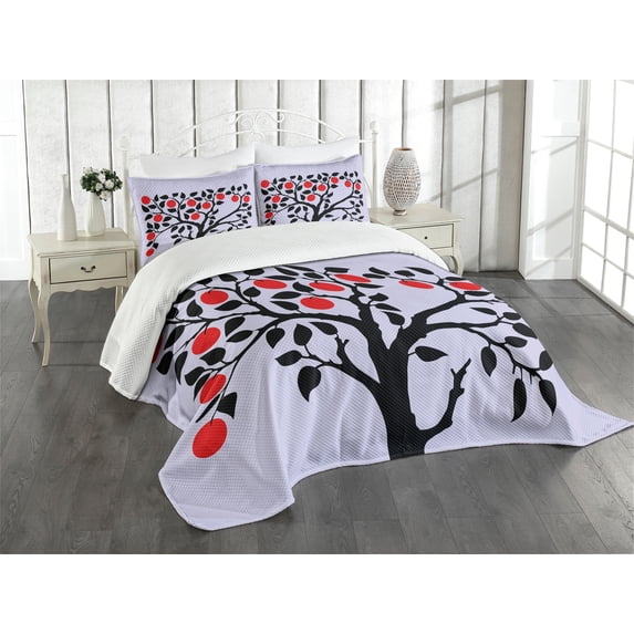Ambesonne Fruits Quilted Bedspread Set 3 Pcs, Black Tree Ripe Fruit Art, Queen Size, Lilac Black Red